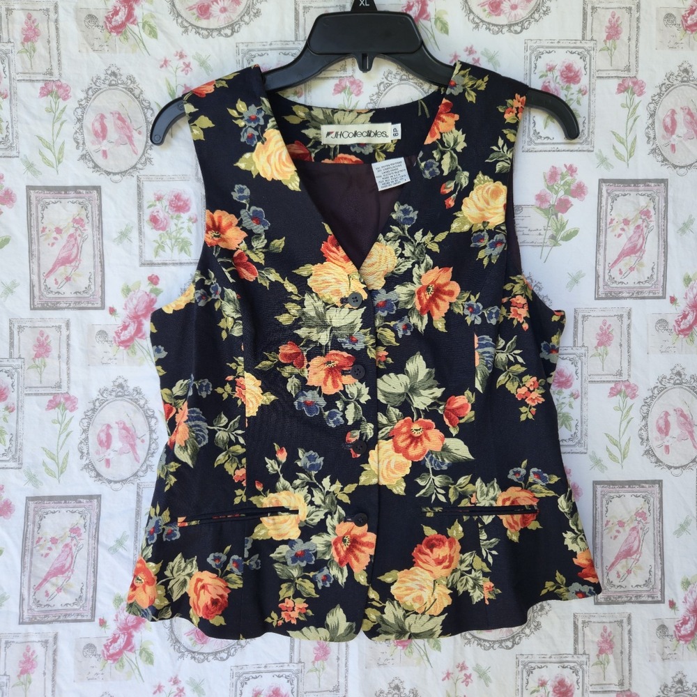 Vintage JH Collectibles Floral Vest Sz 6P Linen Rayon Blend Button Up Made USA